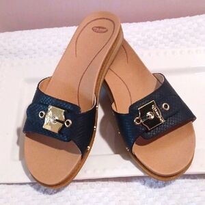 Dr. Scholls ⚜️ Chic Black Iconic Slide Sandals with Gold Accents. 10